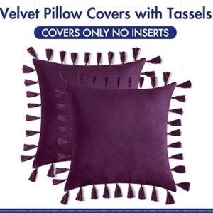 Set of 2 Purple / Plum Color Velvet Pillow Covers 18" Square with Tassels